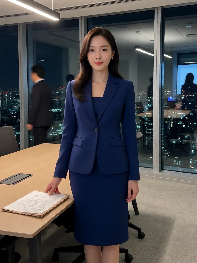 年轻成年女主管穿深蓝色合身西装裙站在夜间会议室，桌上有文件