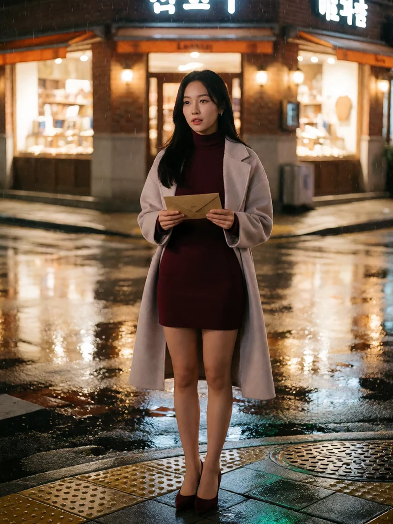 年轻成年女性穿酒红色短裙站在雨夜街口，手握未打开的信封