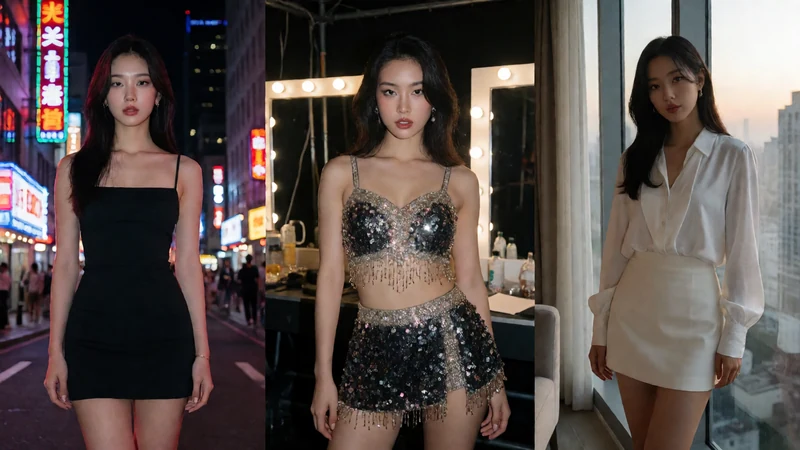 原创成人短剧主题画面：三位年轻成年女性分别身处都市夜景、后台化妆间与公寓窗边